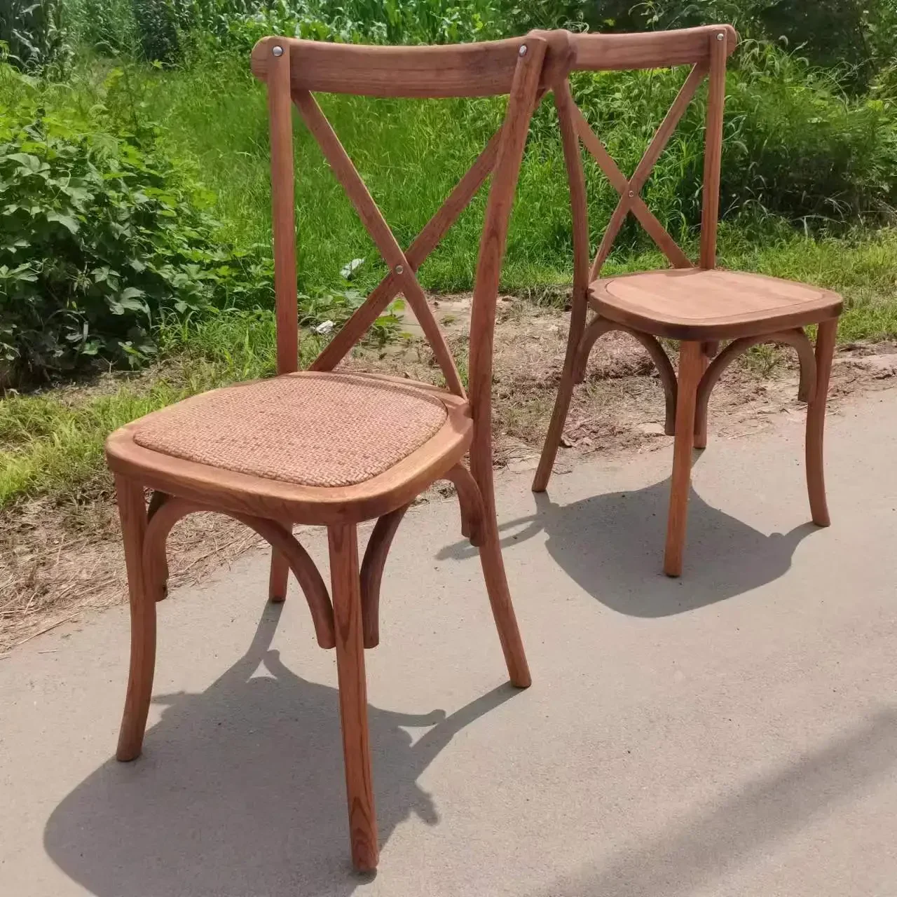 'Hot sale wholesale wedding party wooden stackable KD cross back bentwood chair with rattan cushion and solid wood seat - Image 2