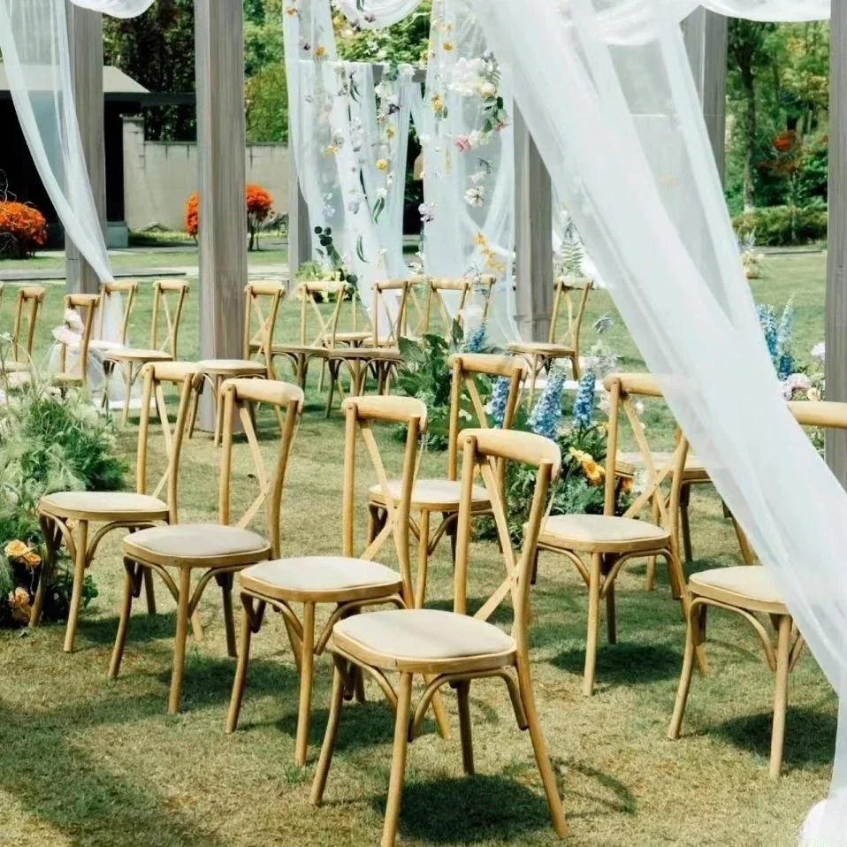 'Hot sale wholesale wedding party wooden stackable KD cross back bentwood chair with rattan cushion and solid wood seat - Image 5