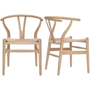 Wishbone Chair Natural Solid Wood Dining Chair/Hans Wegner Y Chair Rattan and Wood Accent Armrest Chairs Ash Wood + Natural