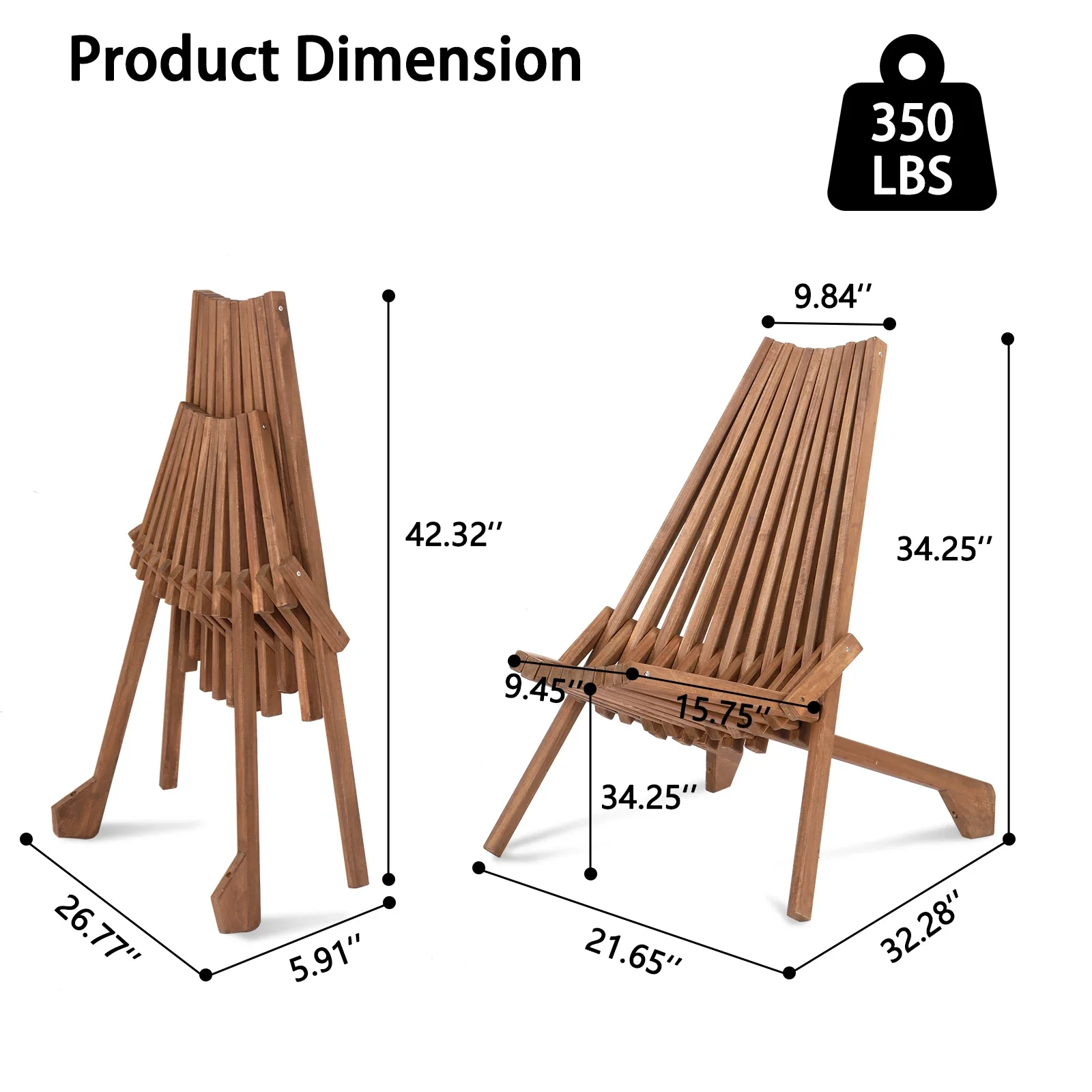 Wood Folding Chair for Outdoor, Low Profile Acacia Wood Lounge Chair for Balcony Porch Backyard Patio Lawn Garden - Image 6